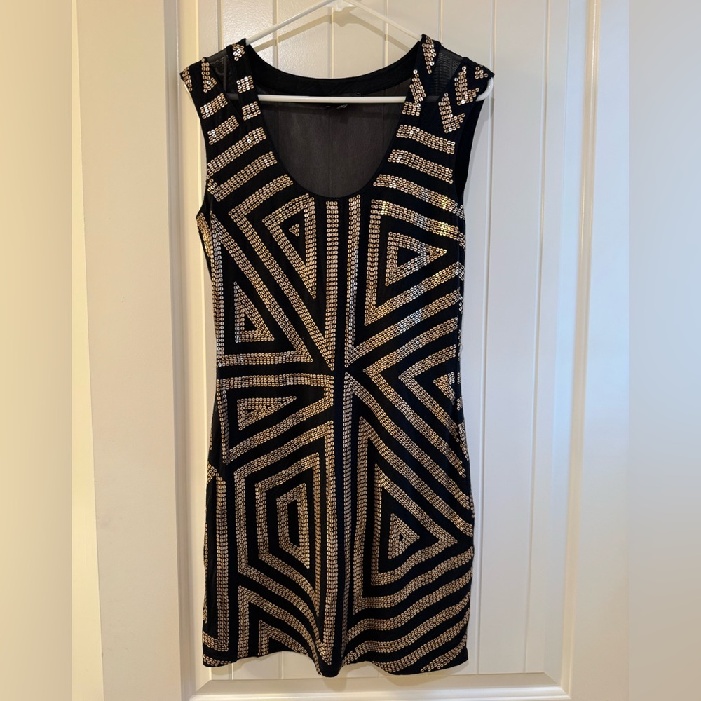 Express Black and Gold Patterned Mini Dress